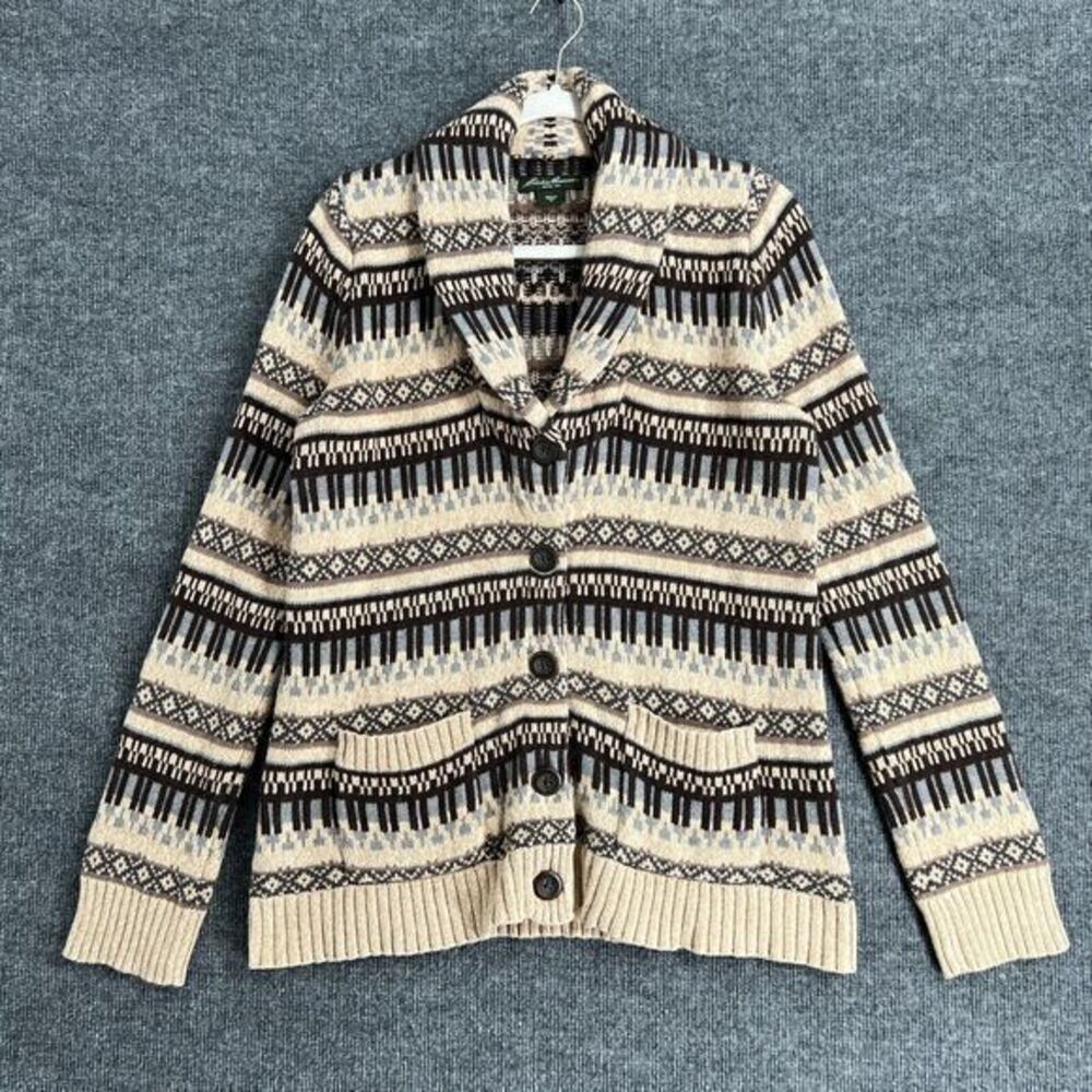 Eddie Bauer Womens Shawl Collar Cardigan Sweater Sz M Intarsia Knit Button Front